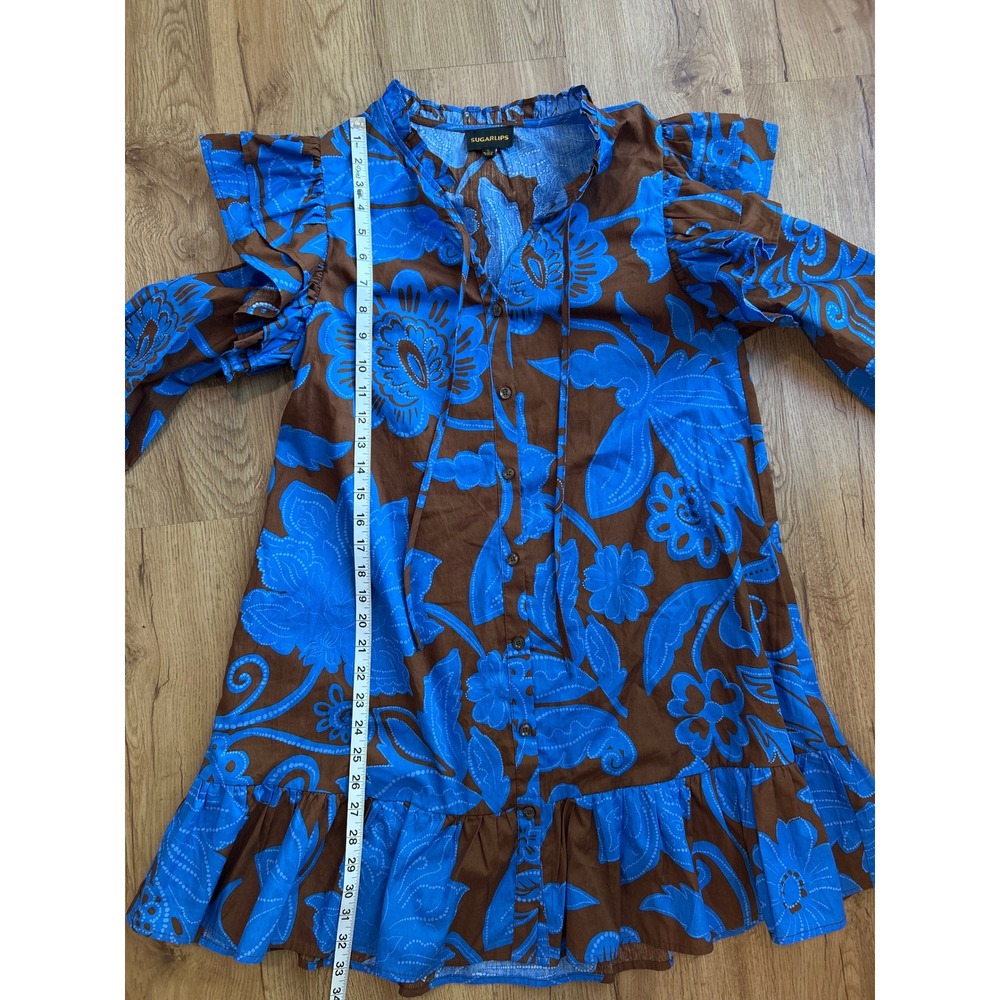 Sugarlips Blue Brown Floral Ruffle Shoulder Cotton Mini Dress Small - Picture 8 of 9